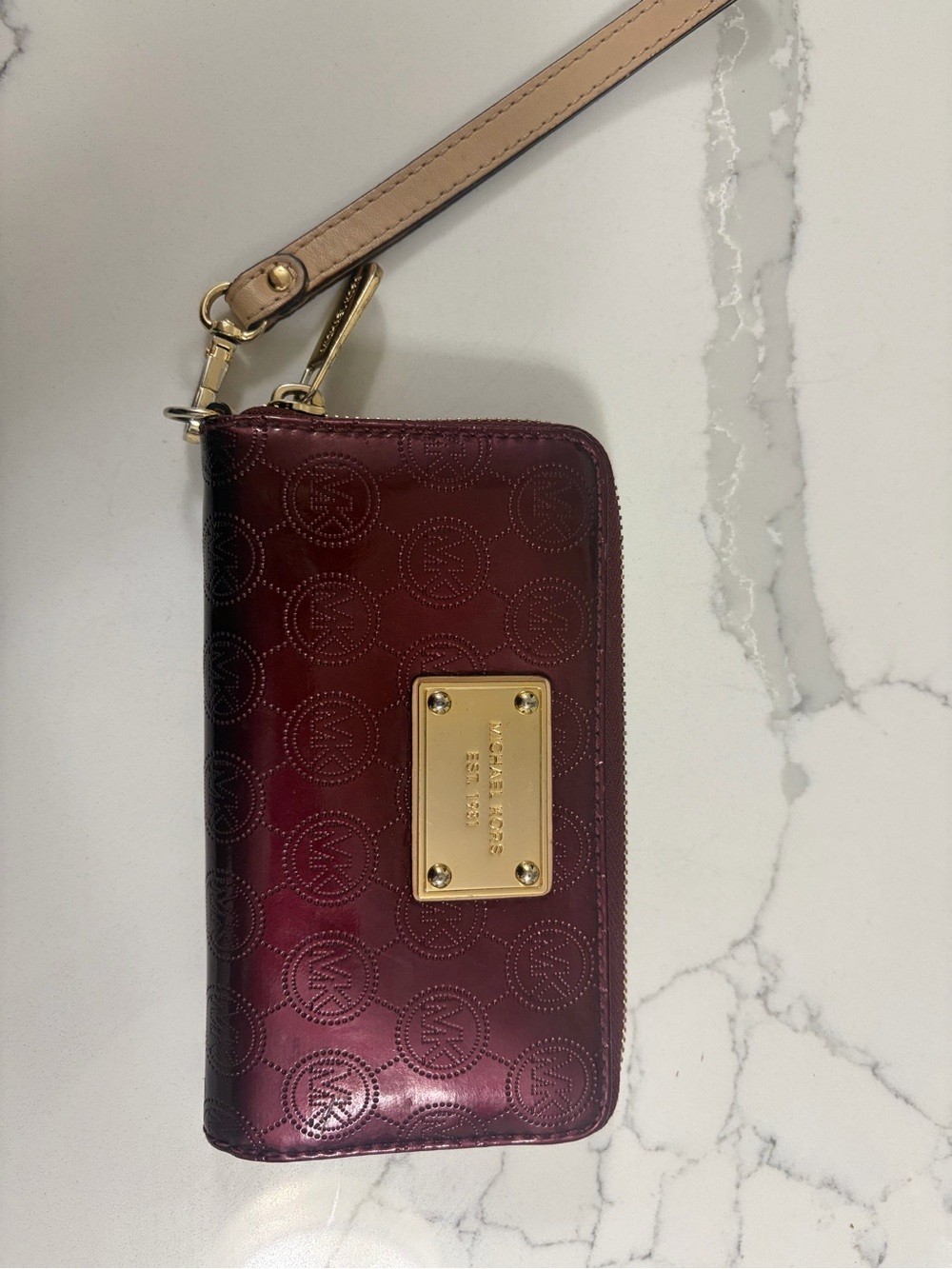 Michael Kors Deep Plum Zip Wristlet with Gold Plate and Beige Strap